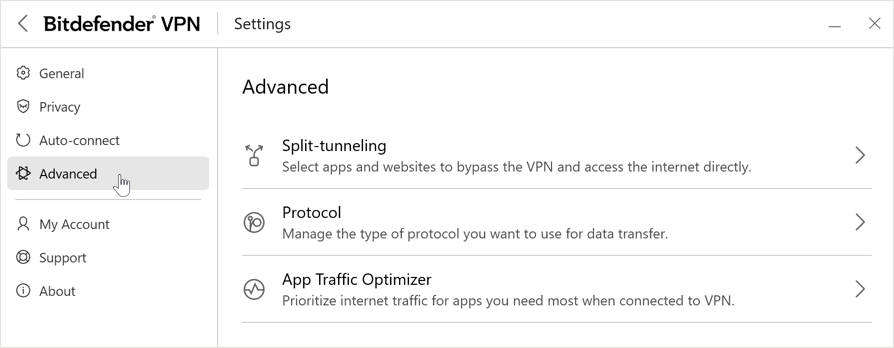 Bitdefender VPN for Windows - Advanced settings